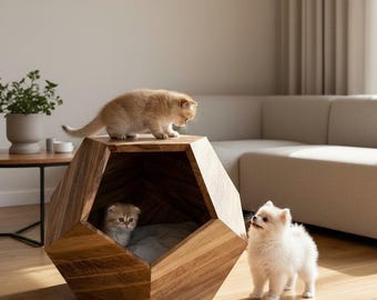 Luxury Cat House Solid Oak or Walnut, Modern Cat Cave, Designer Pet Bed, Scandi Cat Furniture, Wooden Cat House Indoor