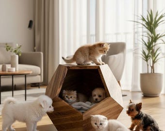 Modern Cat House Solid Oak or Walnut, Luxury Cat Cave That Pets Actually Use, Designer Pet Bed, Indoor Cat Furniture, Scandi Cat House