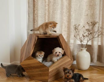 Luxury Cat House Solid Oak or Walnut, Modern Cat Cave Furniture, Designer Pet Bed, Scandi Cat House Indoor, Premium Pet House