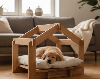 Luxury Solid Oak Dog House Indoor, Premium Small Dog Bed, Modern Dog Furniture, Designer Wooden Dog House, Cozy Dog Cave