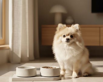 Luxury Concrete Pet Bowls Set | Designer Dog & Cat Bowls | Modern Elevated Pet Feeder | Scandinavian Pet Dining Station