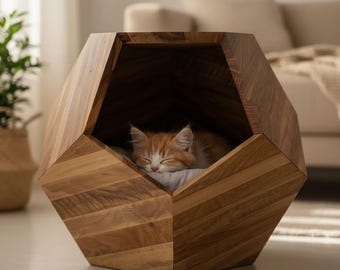 Luxury Pet House Solid Oak, Designer Cat House, Small Dog Bed, Modern Pet Furniture, Wooden Cat Cave, Puppy House Indoor
