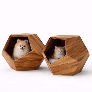 オーク材とウォールナット材を使用した幾何学模様の猫用洞窟 – モダンデザイナーズペット家具の聖域