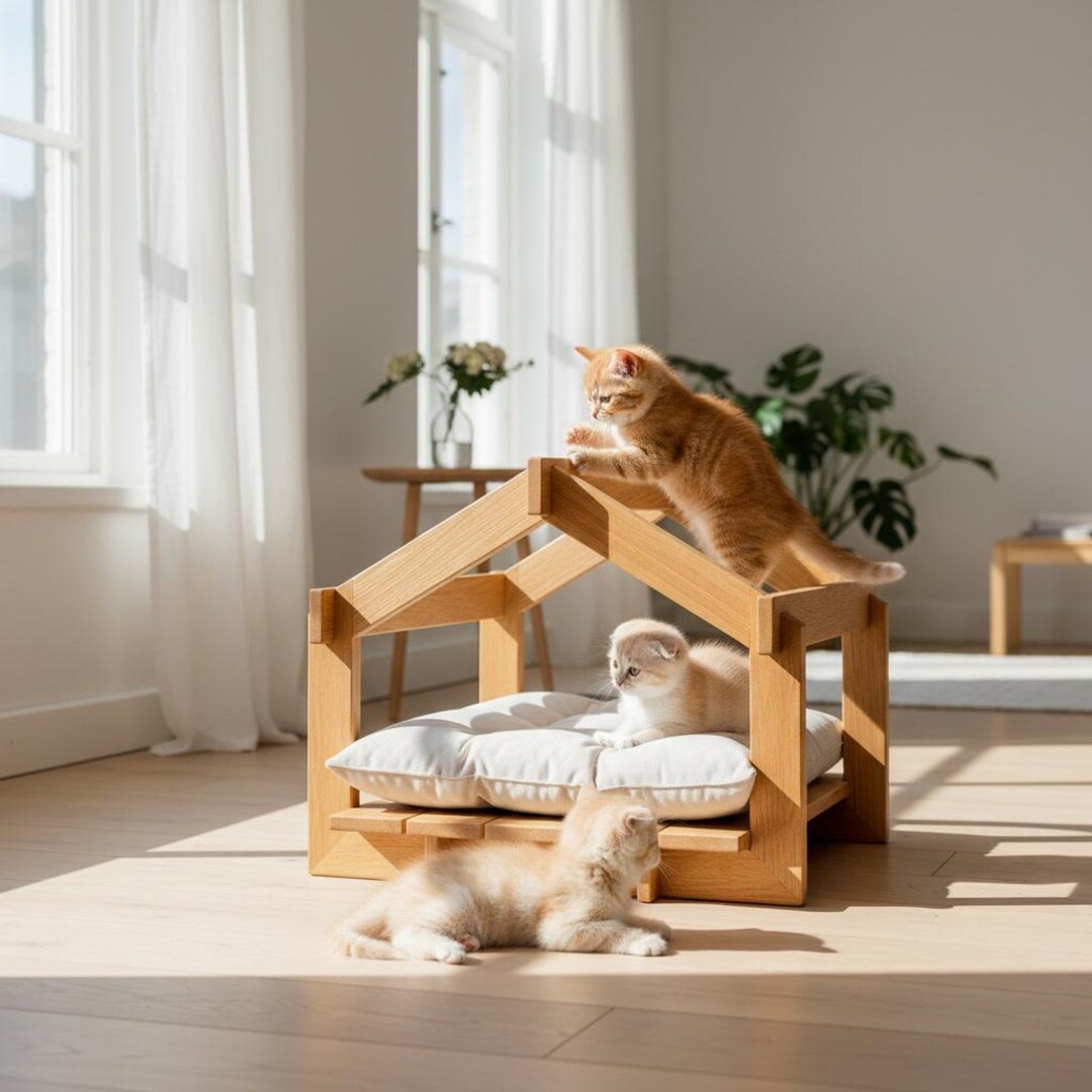 Solid Oak Dog House Indoor, Luxury Wooden Cat House, Scandinavian Pet ...