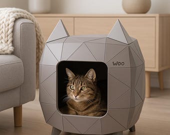 Indoor Wooden Cat House Luxury, Modern Oak Cat Furniture, Designer Cat Cave Bed, Handmade Premium Pet House