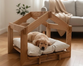 Luxury Solid Oak Dog House Indoor, Premium Small Dog Bed, Designer Dog Furniture, Modern Dog Cave, Wooden Dog House, Cozy Dog Bed