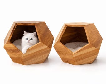 Luxus-Katzenhaus Massiv Eiche oder Walnuss - Moderne Katzenhöhle, Designer-Tiermöbel, Katzenbett aus Holz, Indoor-Katzenhaus, geometrische Katzenhöhle