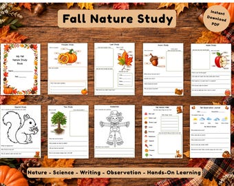 May include: A collection of ten printable educational worksheets titled Fall Nature Study, featuring black and white illustrations of pumpkins, leaves, acorns, apples, squirrels, trees, and a scarecrow, designed for nature observation and writing.
