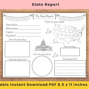 以下が含まれることがあります： 「My State Report」というテキスト、米国の地図、連邦議会議事堂のイラスト、州名、略称、州都、人口、旗、鳥、花、興味深い事実を記入するセクションが記載された、白地の印刷可能な州レポート用ワークシート。