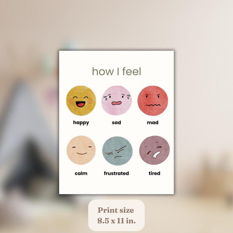 Pode incluir: Uma impress&atilde;o branca com o texto "how I feel" e seis c&iacute;rculos coloridos, cada um representando uma emo&ccedil;&atilde;o diferente: feliz, triste, zangado, calmo, frustrado e cansado. O tamanho da impress&atilde;o &eacute; 21,6 x 27,9 cm.