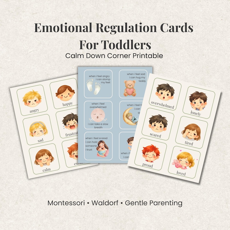 Three sets of printable emotional regulation cards for toddlers. Each card features a watercolor illustration of a child expressing an emotion, such as angry, happy, or sad. The cards also include coping strategies. The text reads: Emotional Regulation Cards For Toddlers.