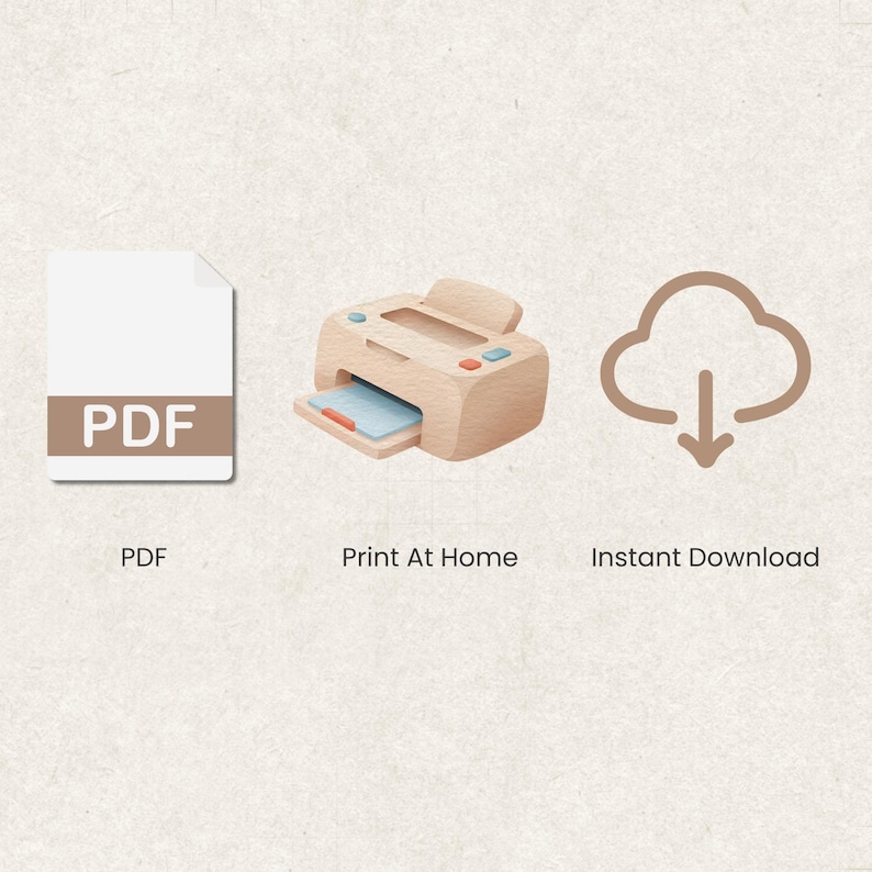 Może przedstawiać: Ilustracja dokumentu PDF, drukarki i chmury ze strzałką w d&oacute;ł. Tekst poniżej to "PDF", "Drukuj w domu" i "Natychmiastowe pobieranie". Styl jest miękki i akwarelowy.
