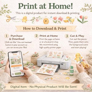 Pode incluir: Um an&uacute;ncio de um produto digital com o texto "Imprima em casa!" e instru&ccedil;&otilde;es sobre como baixar, imprimir e recortar as pe&ccedil;as. A imagem mostra uma impressora, um telefone exibindo um an&uacute;ncio do Etsy e figuras de papel recortadas.