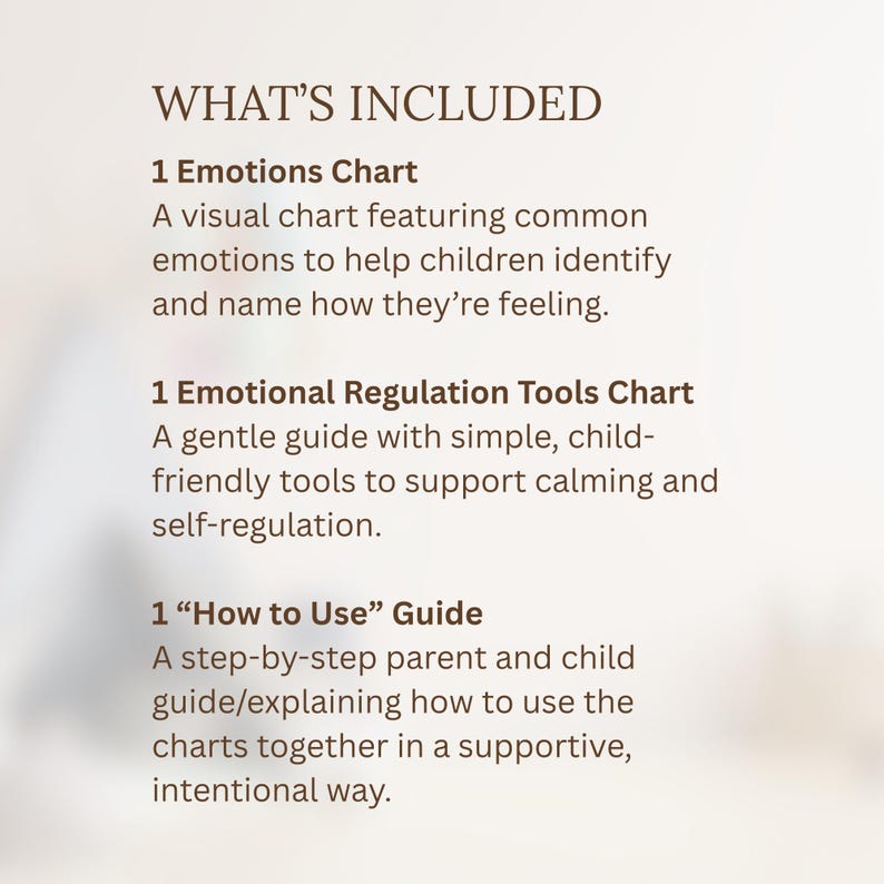 Pode incluir: Um gr&aacute;fico bege com o texto "WHAT'S INCLUDED" no topo. Abaixo, o texto lista um Emotions Chart, um Emotional Regulation Tools Chart e um guia "How to Use". O texto descreve o conte&uacute;do de cada item.