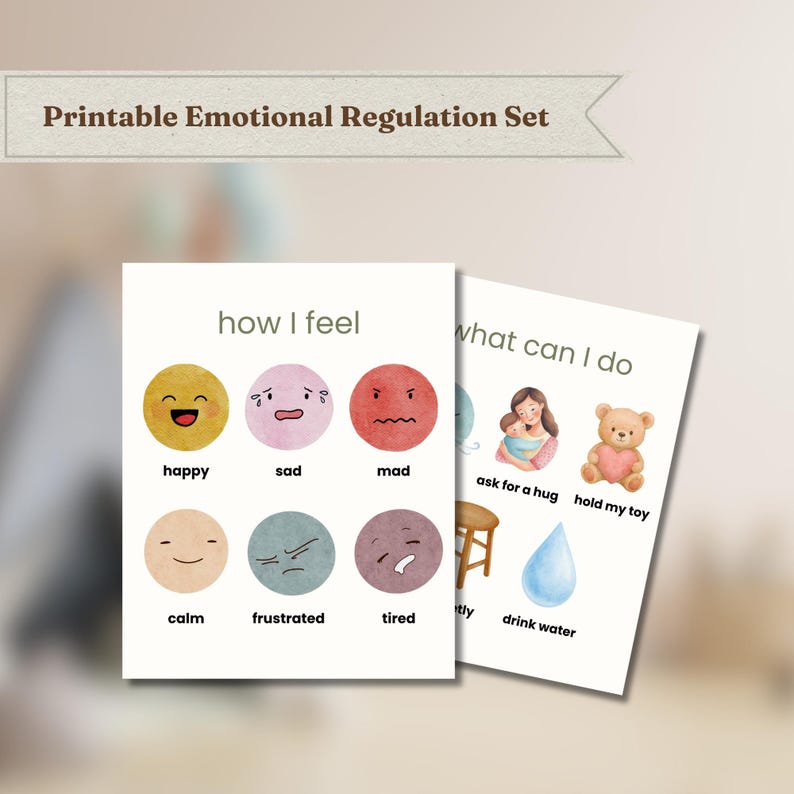 Pode incluir: Dois cart&otilde;es imprim&iacute;veis com ilustra&ccedil;&otilde;es em aquarela. Um cart&atilde;o mostra emo&ccedil;&otilde;es como feliz, triste e zangado. O outro mostra estrat&eacute;gias de enfrentamento como pedir um abra&ccedil;o e beber &aacute;gua. O texto "Printable Emotional Regulation Set" est&aacute; no topo.