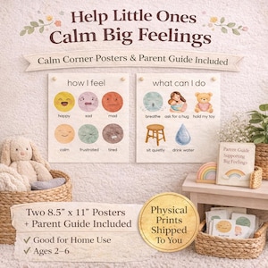 May include: Two 8.5" x 11" posters and a parent guide with the text "Help Little Ones Calm Big Feelings." The posters show emotions and coping strategies. Includes a plush bunny and a small wooden table.