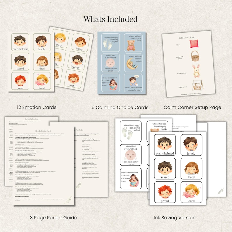 A collection of educational cards and guides for emotional regulation. Includes 12 emotion cards, 6 calming choice cards, and a calm corner setup page. The cards feature illustrations and text, with the words "overwhelmed," "lonely," and "scared."