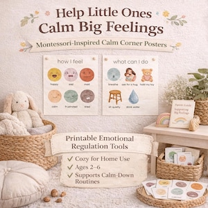 Pode incluir: Cartazes Montessori para um canto calmo com o texto "Help Little Ones Calm Big Feelings". Os cartazes mostram emo&ccedil;&otilde;es e atividades calmantes. Inclui ferramentas de regula&ccedil;&atilde;o emocional imprim&iacute;veis para crian&ccedil;as de 2 a 6 anos.