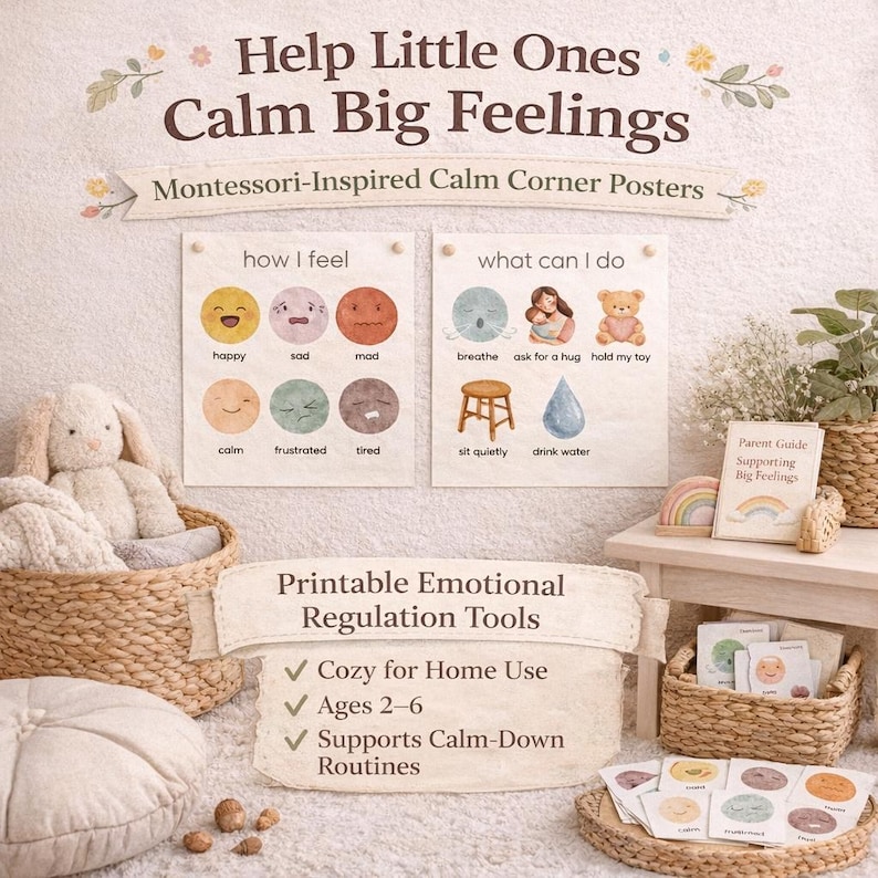 Pode incluir: Cartazes Montessori para um canto calmo com o texto "Help Little Ones Calm Big Feelings". Os cartazes mostram emo&ccedil;&otilde;es e atividades calmantes. Inclui ferramentas de regula&ccedil;&atilde;o emocional imprim&iacute;veis para crian&ccedil;as de 2 a 6 anos.