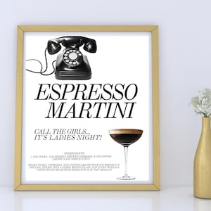 Könnte beinhalten: Ein gerahmter Druck mit goldenem Rahmen zeigt ein schwarzes Wählscheibentelefon und einen Espresso Martini. Der Text lautet "Espresso Martini" und "Call the girls... It's Ladies Night!" mit einer Zutatenliste und Anweisungen.