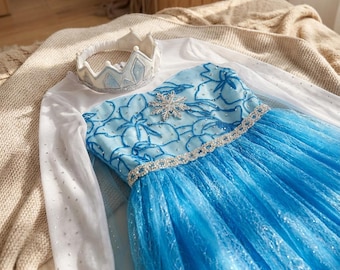 Vestido de Elsa para niñas: disfraz azul brillante, atuendo de cumpleaños de Elsa