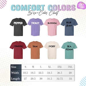 a size chart for various t-shirt colors, including Pepper, Violet, Blossom, Blue Jeans, Crimson, YAM, Ivory, Sea Foam, and others. The chart provides the corresponding size and width for each color, ranging from 18.5 to 32.5 inches.