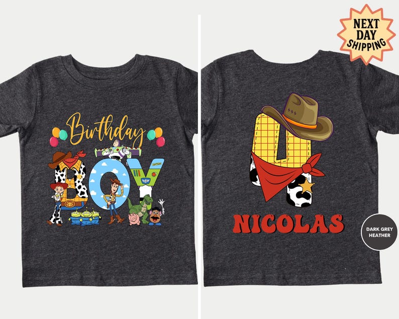 The image is a birthday t-shirt featuring a cartoon character and the name "Nicolas" printed on it.