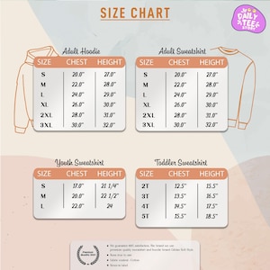 The image is a size chart for adult hoodies and sweatshirts, providing measurements for different chest sizes.