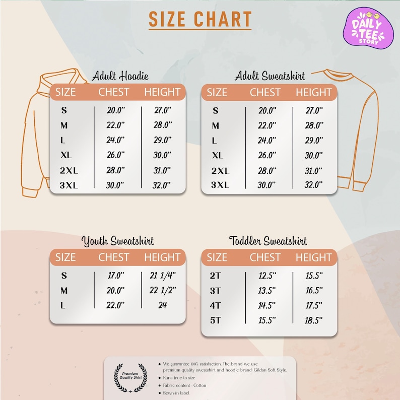 The image is a size chart for adult hoodies and sweatshirts, providing measurements for different chest sizes.