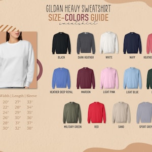The image is a size-color guide for a GILGAN HEAVY SWEATSHIRT, featuring various color options and corresponding sizes.