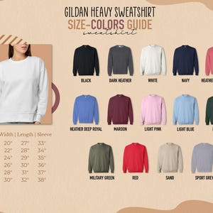 The image is a size-color guide for a GILGAN HEAVY SWEATSHIRT, featuring various color options and corresponding sleeve and length measurements.