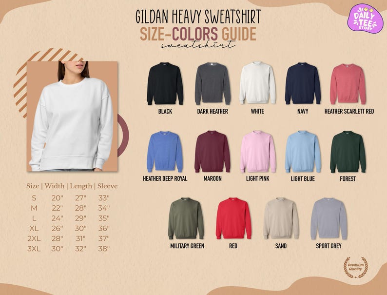 The image is a size-color guide for a GILGAN HEAVY SWEATSHIRT, featuring various color options and corresponding sleeve and length measurements.