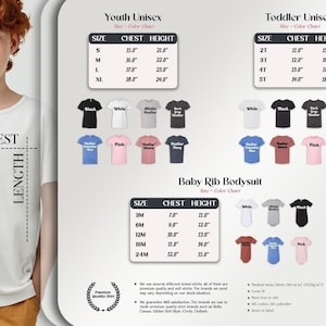 The image is a collage of various images, including a young girl with red hair, a white shirt, and different colored t-shirts. The collage also includes a chart with size and chest height information for different age groups, such as youth, toddler, and baby rib bodysuits.