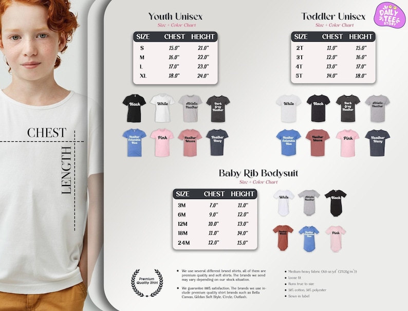 The image is a collage of various images, including a young girl with red hair, a white shirt, and different colored t-shirts. The collage also includes a chart with size and chest height information for different age groups, such as youth, toddler, and baby rib bodysuits.
