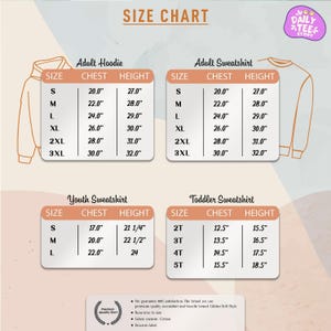 The image is a size chart for adult hoodies and sweatshirts, providing measurements for different chest sizes.