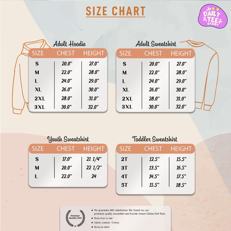 The image is a size chart for adult hoodies and sweatshirts, providing measurements for different chest sizes.