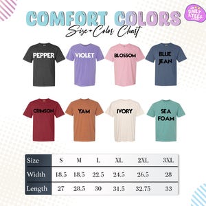 a size chart for various t-shirt colors, including Pepper, Violet, Blossom, Blue Jeans, Crimson, YAM, Ivory, Sea Foam, and others. The chart provides the corresponding size and width for each color, ranging from 18.5 to 32.5 inches.