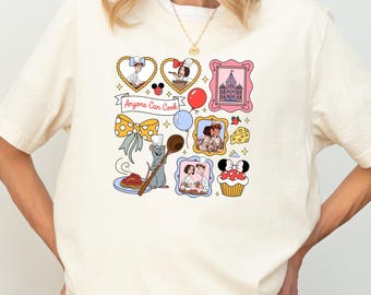 Retro 90s Coquette Bow Disney Ratatouille Remy Tee, Anyone Can Cook Quote Tee, Paris France Gusteau's Design, Girly Disney Fan Shirt