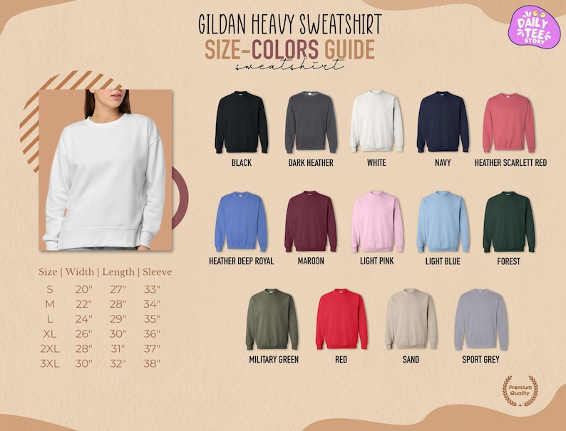 The image is a size-color guide for a GILGAN HEAVY SWEATSHIRT, featuring various color options and corresponding sizes.