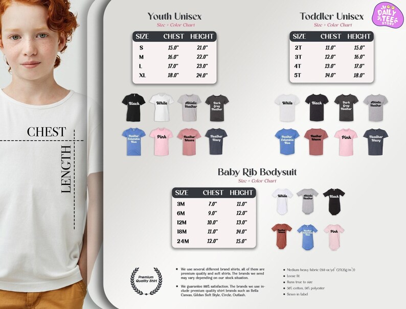 The image is a collage of various images, including a young girl with red hair, a white shirt, and different colored t-shirts. The collage also includes a chart with size and chest height information for different age groups, such as youth, toddler, and baby rib bodysuits.