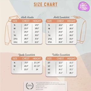 The image is a size chart for adult hoodies and sweatshirts, providing measurements for different chest sizes.