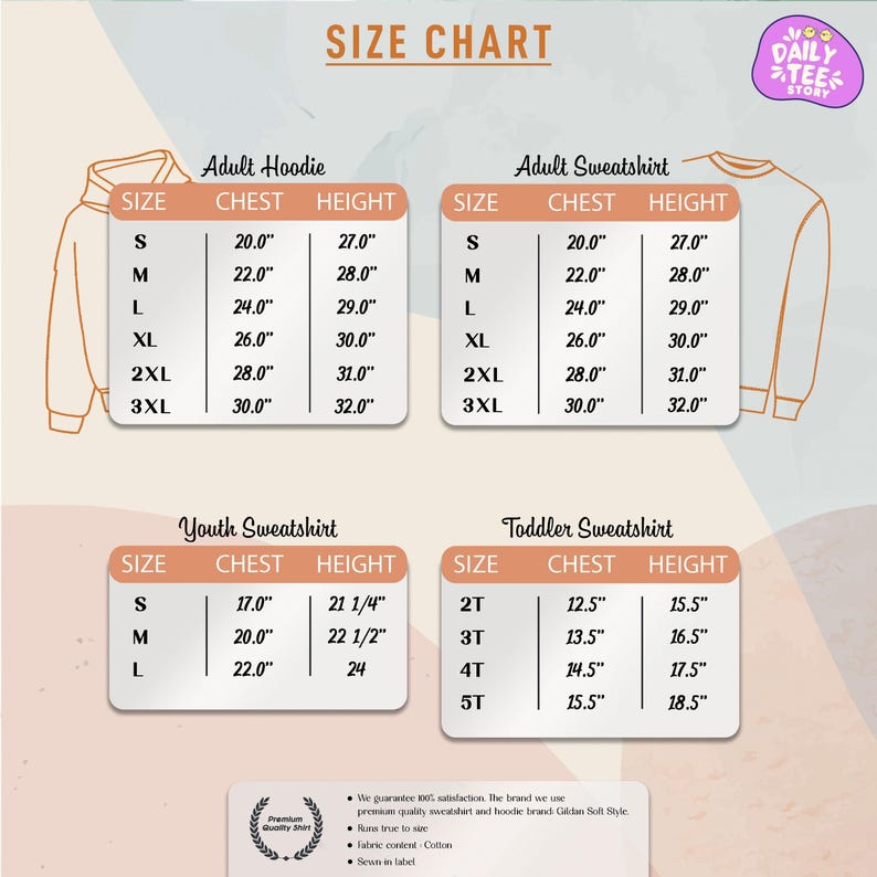 The image is a size chart for adult hoodies and sweatshirts, providing measurements for different chest sizes.