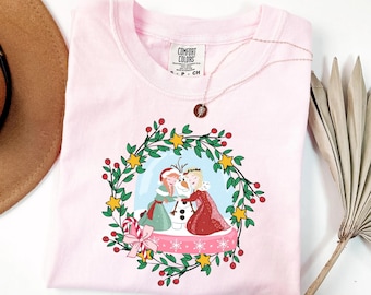 Comfort Colors Disney Frozen Christmas Shirt, Disney Elsa and Anna Princess Xmas Tee, Santa Olaf, Magic Kingdom Disneyland Xmas Family Trip