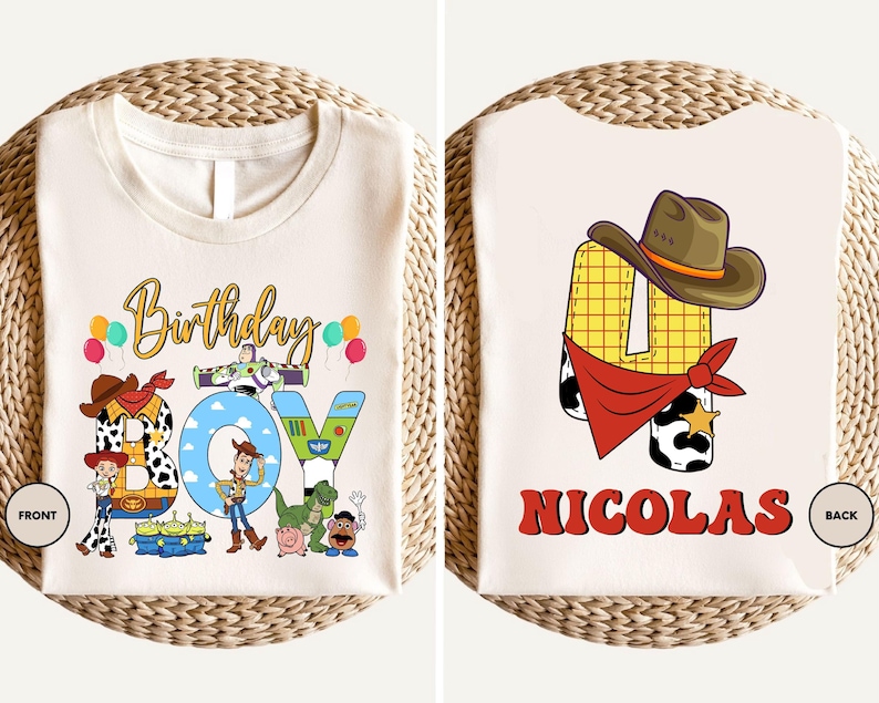 two white t-shirts with cartoon characters and text, likely representing a birthday theme. The t-shirt on the left has a collage of characters and text, while the t-shirt on the right features a single character and the name "Nicolas" written below it.