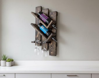 Handmade Rustic Wall-Mounted Wine Rack with Glass Holder | 2-Bottle & 2-Glass Display