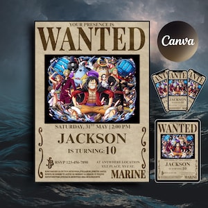 May include: A "Wanted" poster-style invitation with a colorful anime illustration. The text reads "Your presence is wanted" and announces a birthday party for Jackson, who is turning 10. Includes RSVP information and location details.