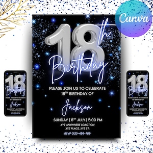 May include: A black and blue 18th birthday invitation with silver accents. The design features the number 18 in silver, the word "Birthday" in script, and the name "Jackson". The invitation includes event details.