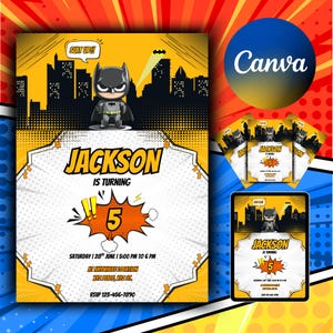 May include: A Batman-themed birthday invitation with a yellow and black comic book style design. The invitation features a Batman figurine, cityscape silhouette, and the text "JACKSON IS TURNING 5". Additional invitations and a tablet display the same design.
