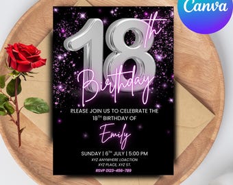 Digital 18th Birthday Invitation, Animated 18th Birthday Party Invite, Pink Silver Chrome Neon Font, Editable Template