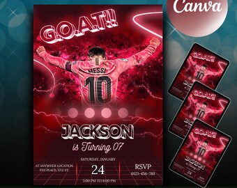 Messi Soccer Birthday Invitation, Neon Pink & Black, Editable Canva Template, Soccer Birthday Invitation